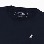 A close-up of the collar and inner label of the navy blue long-sleeved t-shirt, showing the neckline.