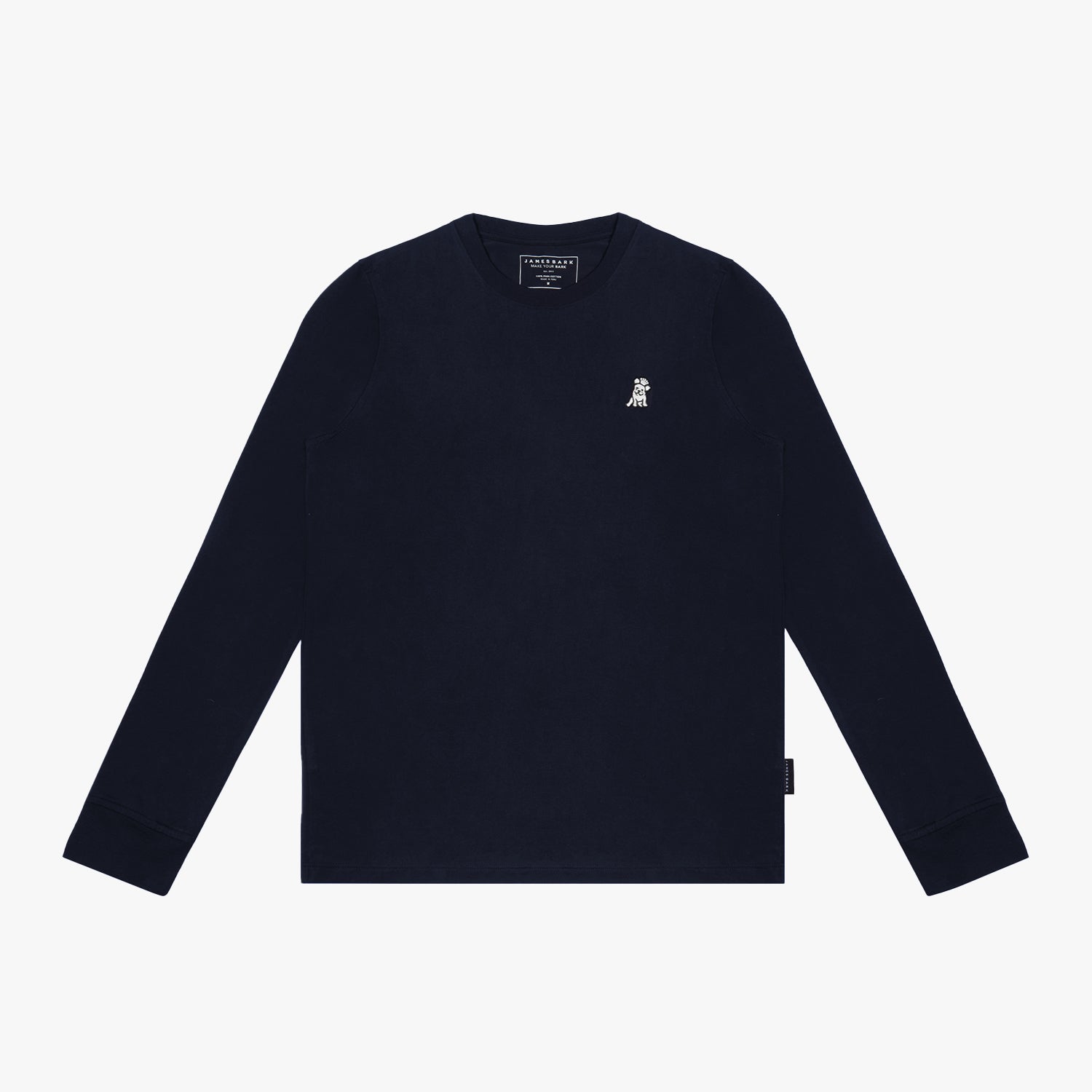 A flat-lay image of the navy blue long-sleeved t-shirt, showing the collar and full sleeves.