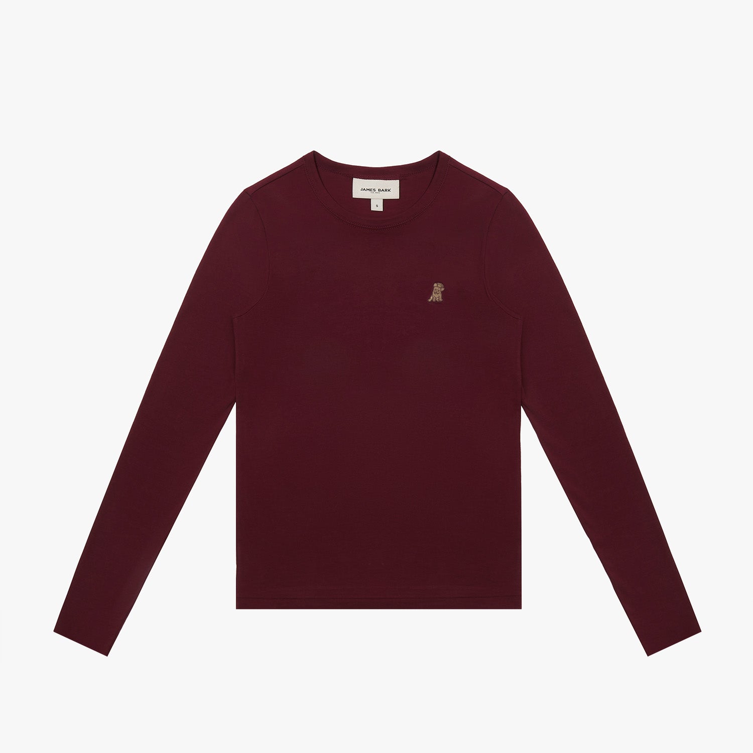 Flat lay of the burgundy long-sleeve shirt, showing the small dog graphic on the chest.