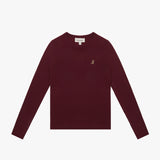 Flat lay of the burgundy long-sleeve shirt, showing the small dog graphic on the chest.