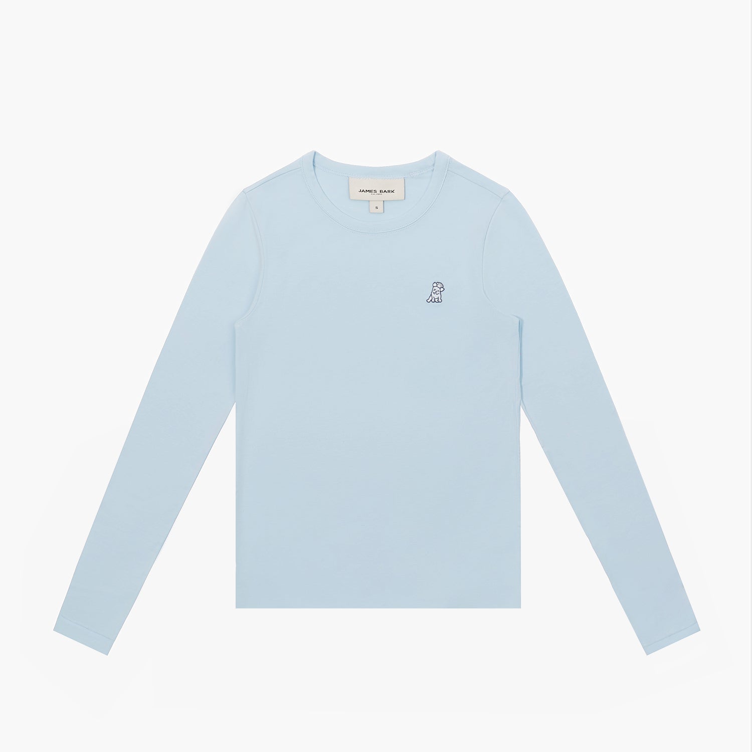 Flat lay of the light blue long-sleeve shirt, showing the small dog graphic on the chest.