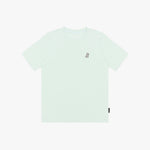 A pale mint green T-shirt with a small embroidered dog logo on the left chest, displayed flat