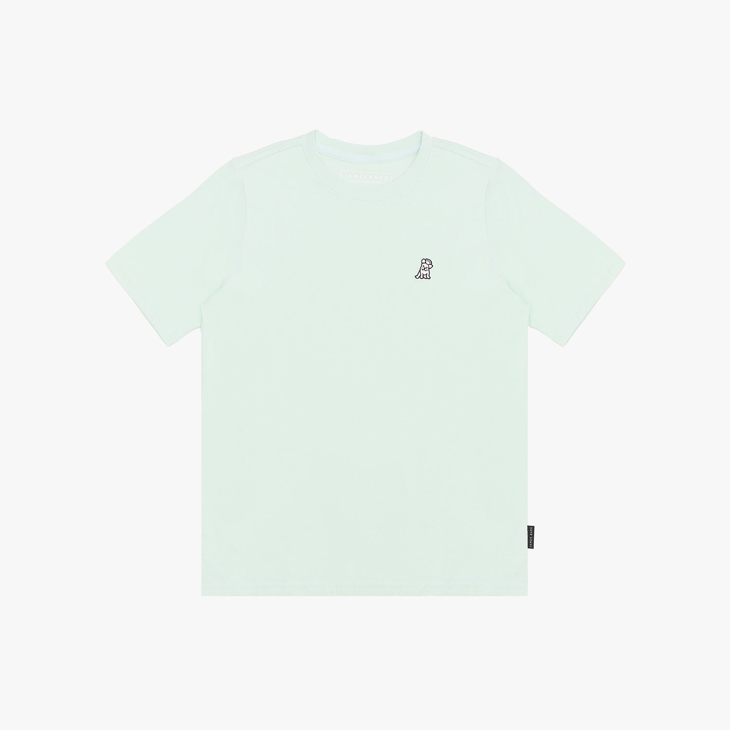 A pale mint green T-shirt with a small embroidered dog logo on the left chest, displayed flat