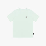 A pale mint green T-shirt with a small embroidered dog logo on the left chest, displayed flat