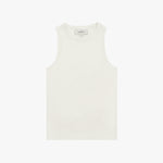 White ribbed tank top with a minimalist design and a fitted silhouette. Features a crew neckline and a subtle 'JAMES BARK' label on the inside. White background