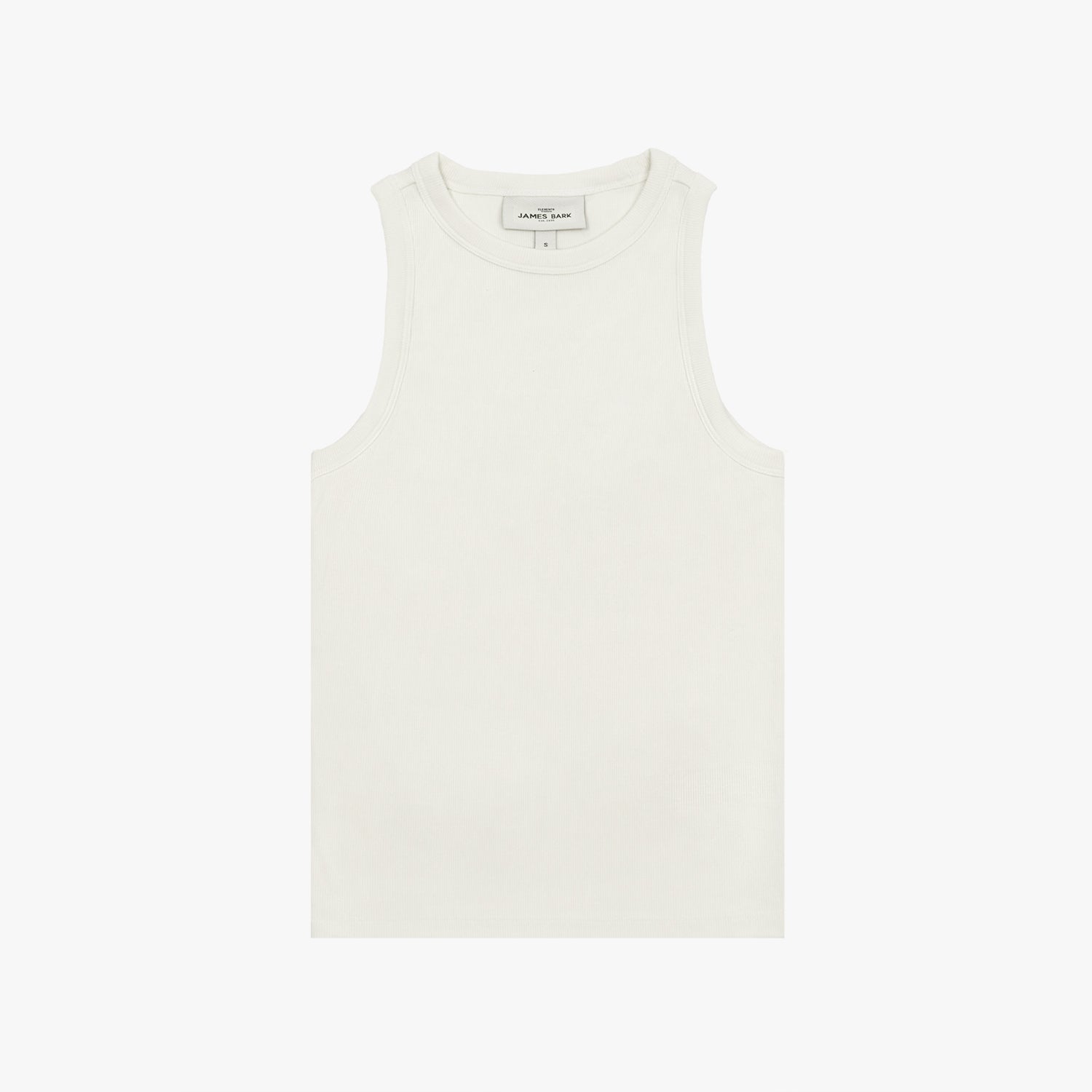 White ribbed tank top with a minimalist design and a fitted silhouette. Features a crew neckline and a subtle 'JAMES BARK' label on the inside. White background