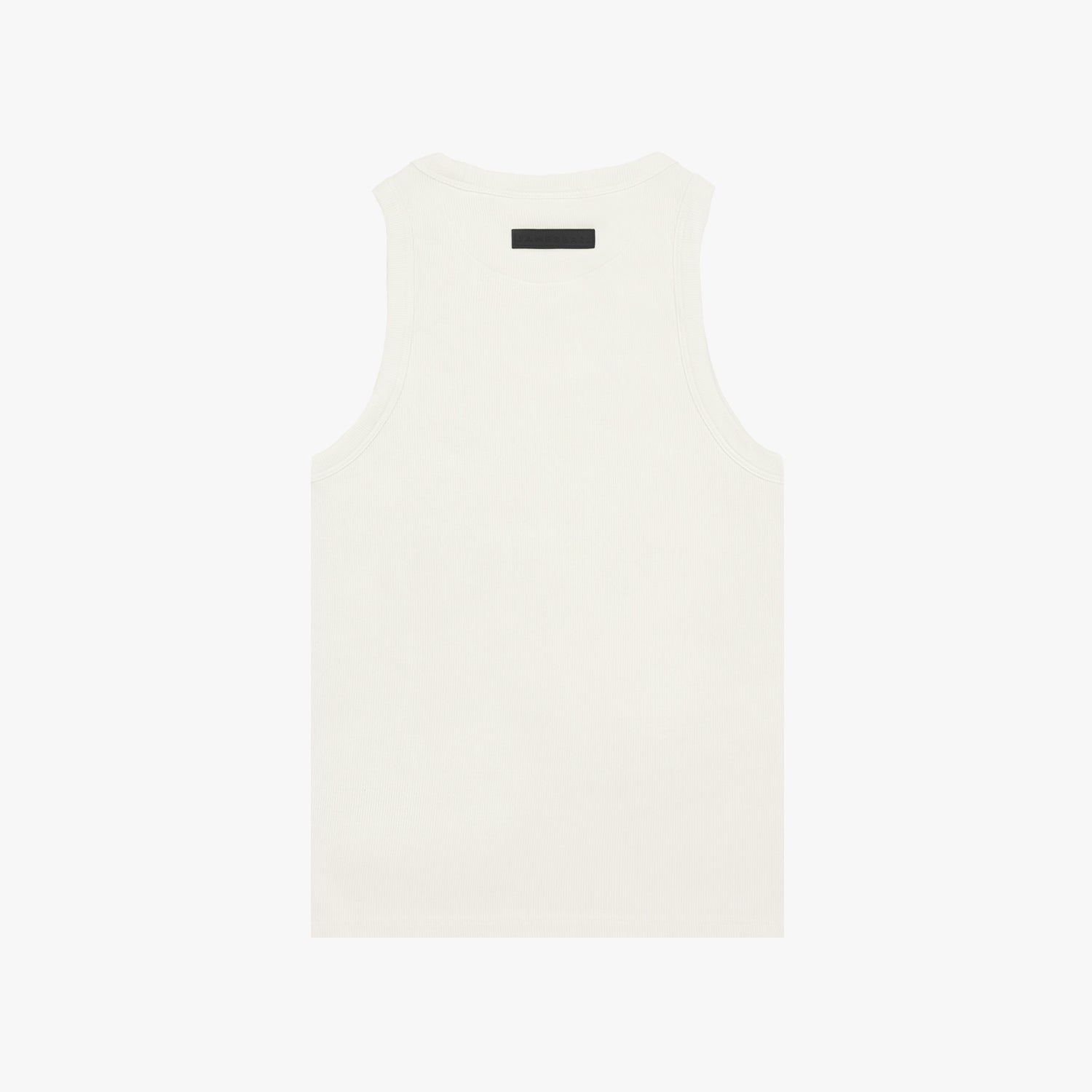 Back view of a white ribbed tank top with a minimalist design. Features a fitted silhouette and a black rectangular 'JAMES BARK' label near the neckline. White background