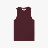 Burgundy ribbed tank top with a minimalist design and a fitted silhouette. Features a crew neckline and a subtle 'JAMES BARK' label on the inside. White background.