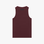 Back view of a burgundy ribbed tank top with a minimalist design. Features a fitted silhouette and a black rectangular 'JAMES BARK' label near the neckline. White background