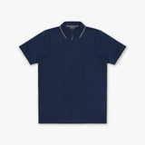 A navy blue polo shirt with white contrast piping on the collar and sleeve edges, featuring a half-zip collar and a small embroidered logo on the left chest