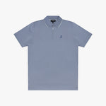 A light blue short-sleeve polo shirt with a half-zip collar, white piping, and a small embroidered logo on the left chest