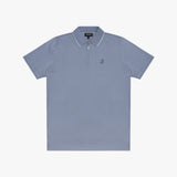 A light blue short-sleeve polo shirt with a half-zip collar, white piping, and a small embroidered logo on the left chest