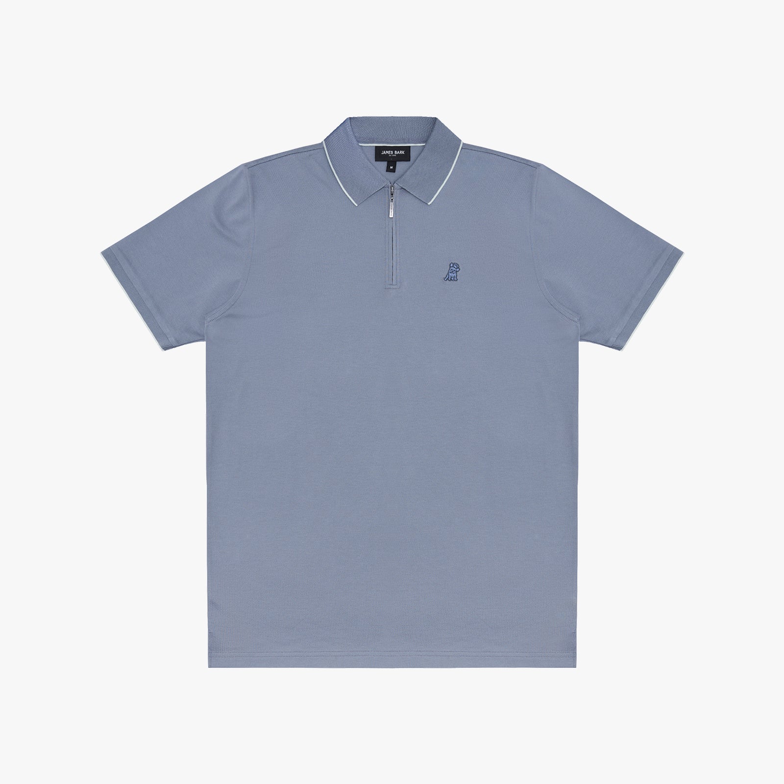 A light blue short-sleeve polo shirt with a half-zip collar, white piping, and a small embroidered logo on the left chest
