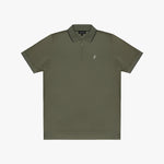 An olive green short-sleeve polo shirt with a half-zip collar and a small embroidered logo on the left chest