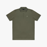 An olive green short-sleeve polo shirt with a half-zip collar and a small embroidered logo on the left chest