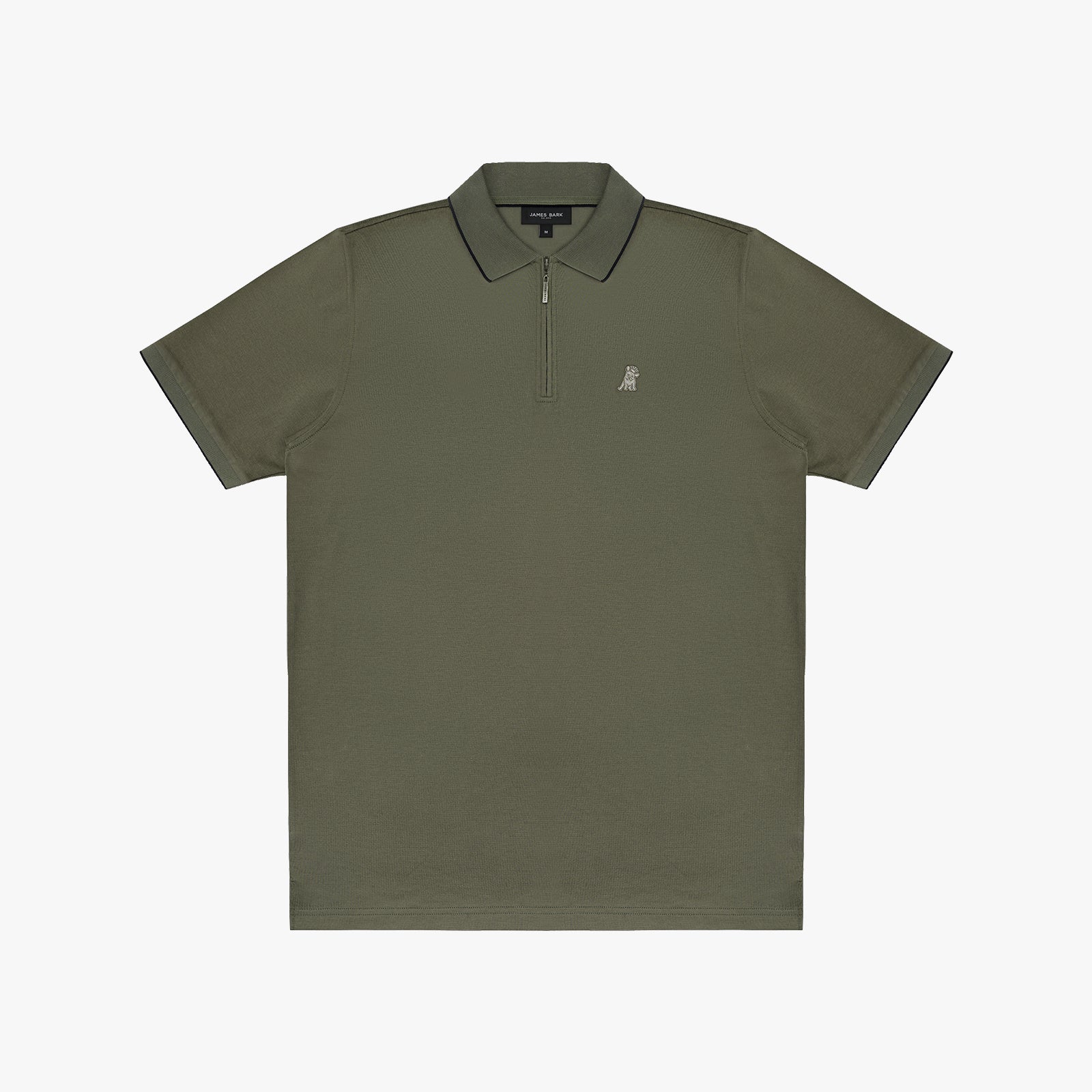 An olive green short-sleeve polo shirt with a half-zip collar and a small embroidered logo on the left chest