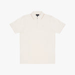 An off-white short-sleeve polo shirt with a half-zip collar and subtle contrast piping, displayed flat