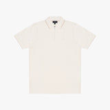 An off-white short-sleeve polo shirt with a half-zip collar and subtle contrast piping, displayed flat