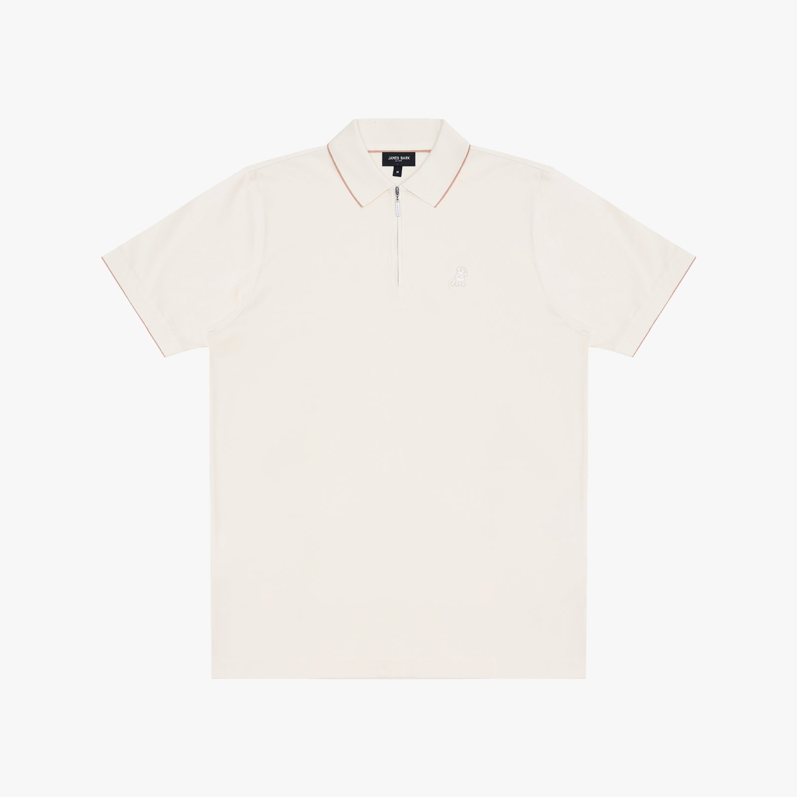 An off-white short-sleeve polo shirt with a half-zip collar and subtle contrast piping, displayed flat
