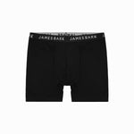 A pair of black James Bark boxer briefs laid flat. The waistband features the 'JAMES BARK' branding in white lettering.