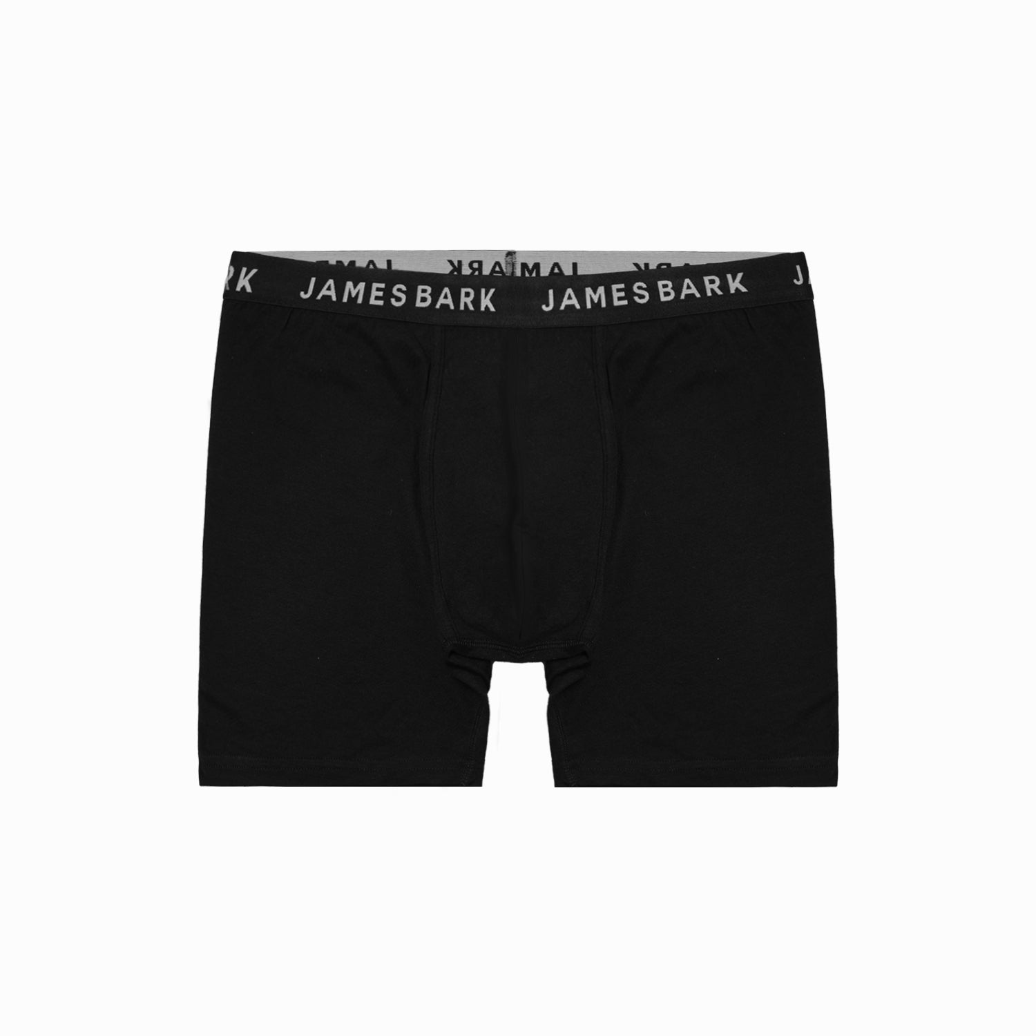 A pair of black James Bark boxer briefs laid flat. The waistband features the 'JAMES BARK' branding in white lettering.