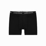 A pair of black James Bark boxer briefs laid flat. The waistband features the 'JAMES BARK' branding in white lettering.