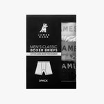 Packaging of James Bark Men's Classic Boxer Briefs. The box displays three pairs of boxer briefs, folded and visible through a clear side window, in black, white, and gray colors. The packaging text reads 'Men's Classic Boxer Briefs' with a note 'Cotton blend made from bamboo' and shows an illustration of the product. The packaging indicates it's a 3-pack.