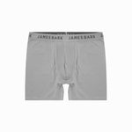 A pair of gray James Bark boxer briefs laid flat. The waistband features the 'JAMES BARK' branding, and the briefs have a comfortable, fitted design with a fly at the front.