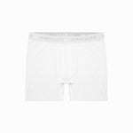 A pair of white James Bark boxer briefs laid flat. The briefs feature a simple design with a fitted waistband that has 'JAMES BARK' branding in gray across the band.