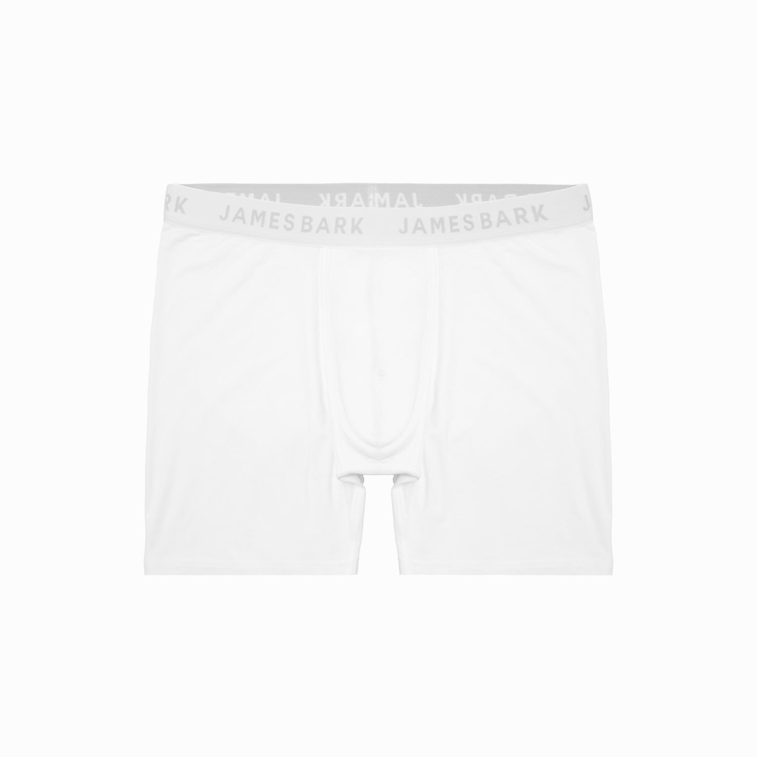 A pair of white James Bark boxer briefs laid flat. The briefs feature a simple design with a fitted waistband that has 'JAMES BARK' branding in gray across the band.