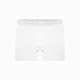 A pair of white James Bark boxer briefs laid flat. The briefs feature a simple design with a fitted waistband that has 'JAMES BARK' branding in gray across the band.