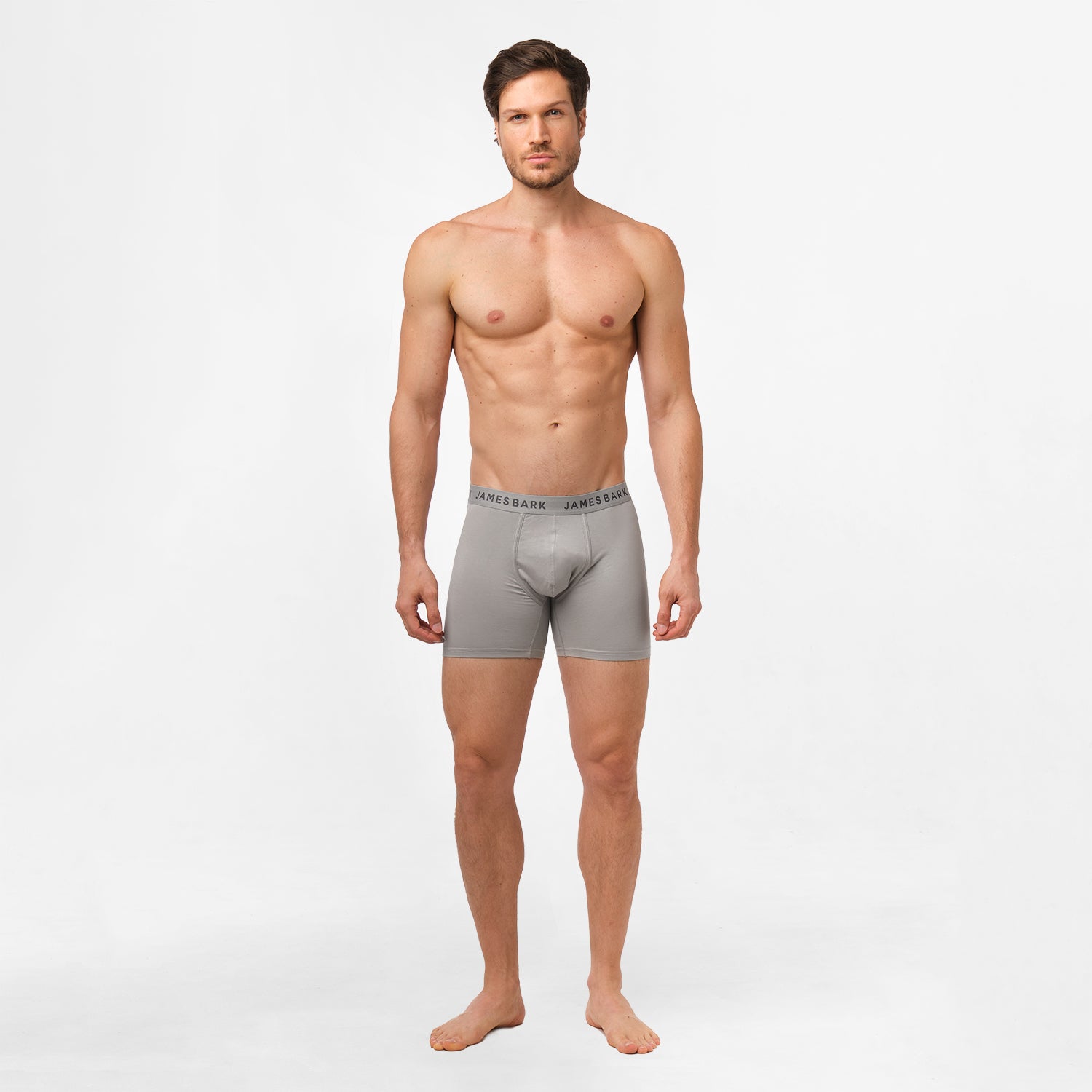 A man standing upright, modeling gray James Bark boxer briefs. The waistband of the boxer briefs features the 'JAMES BARK' branding, and the fabric is form-fitting, highlighting the comfort and fit of the product.