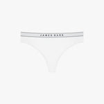 Flat-lay view of a white thong with the "James Bark" logo on the waistband.