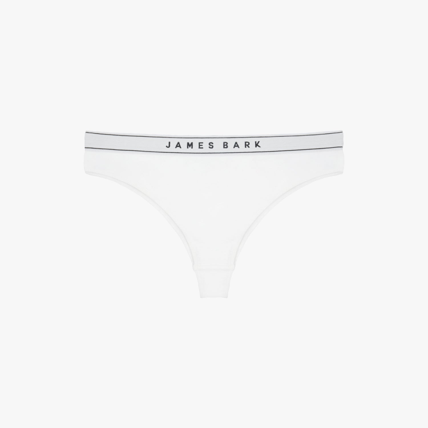 Flat-lay view of a white thong with the "James Bark" logo on the waistband.