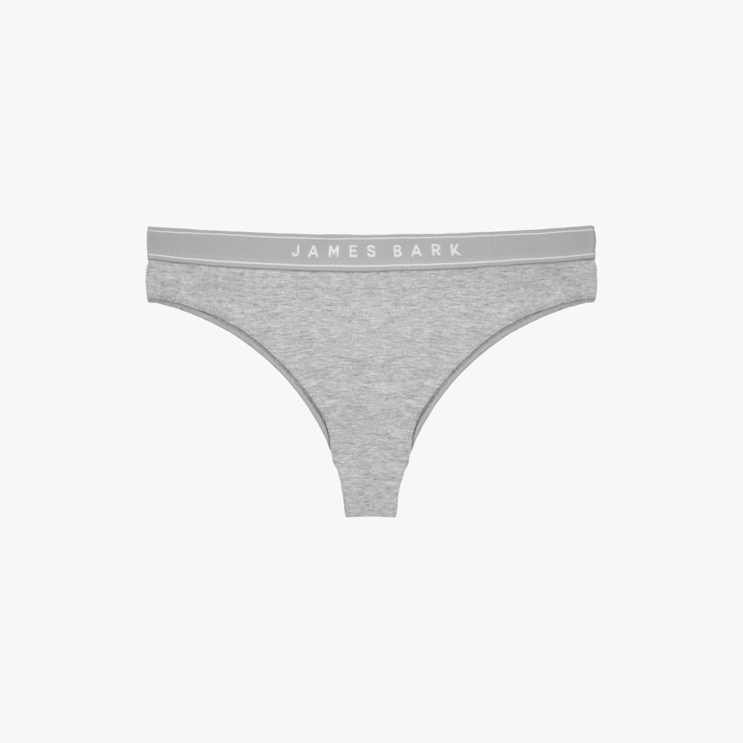 Flat-lay view of a gray thong with the "James Bark" logo on the waistband.