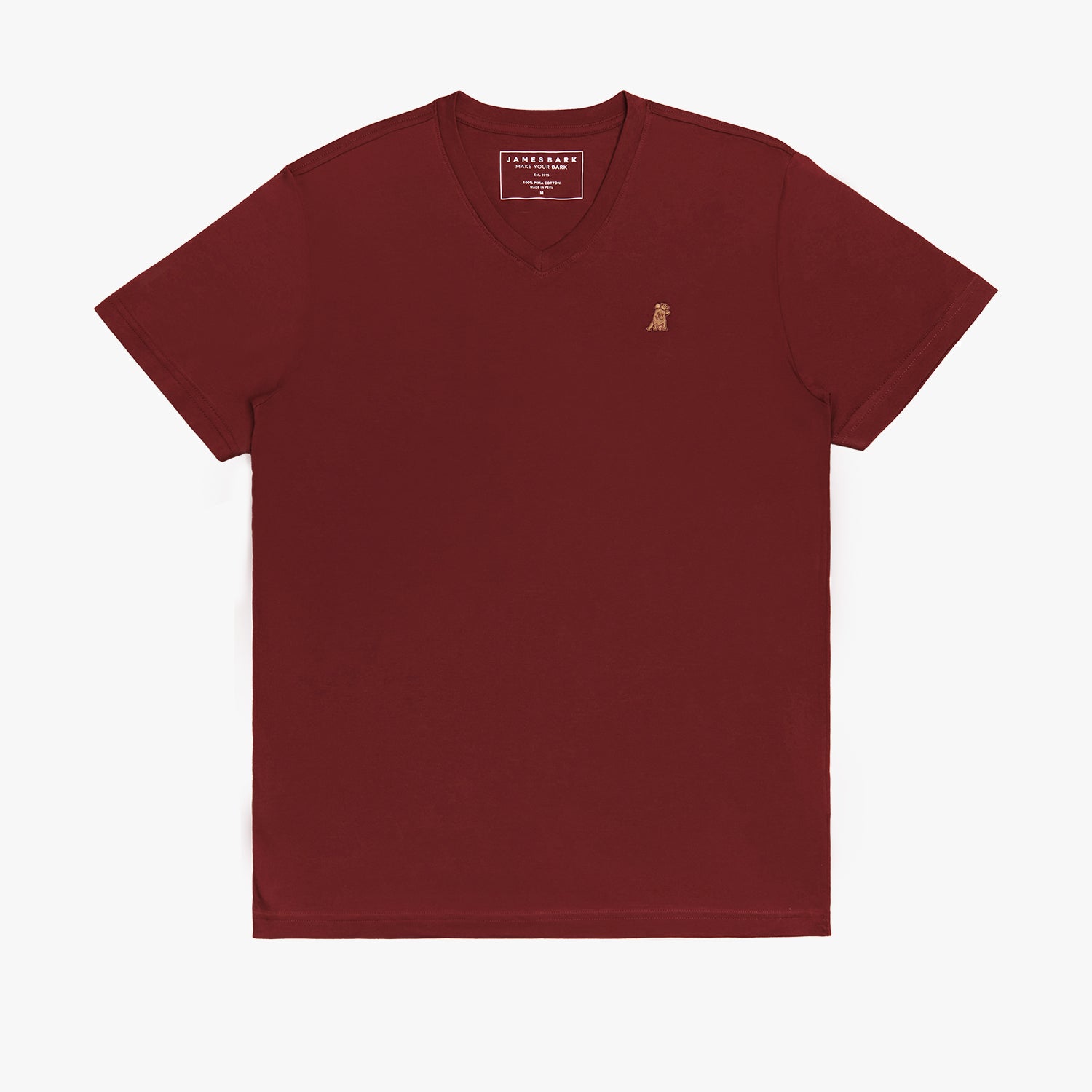 Flat lay of the burgundy V-neck t-shirt, showing the front with the embroidered logo and V-neck design.