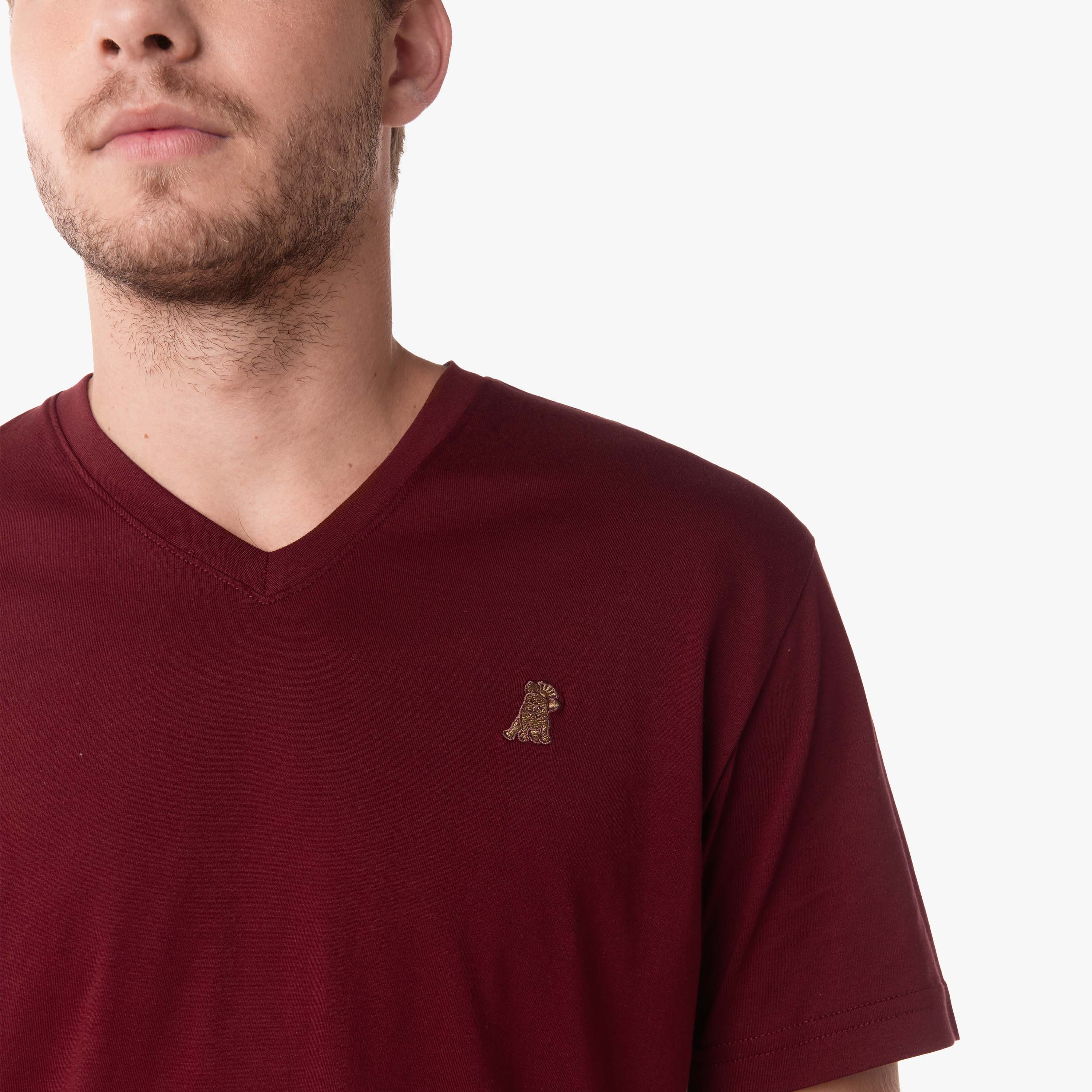 Close-up of the front of the V-neck t-shirt, highlighting the neckline and logo on the chest.