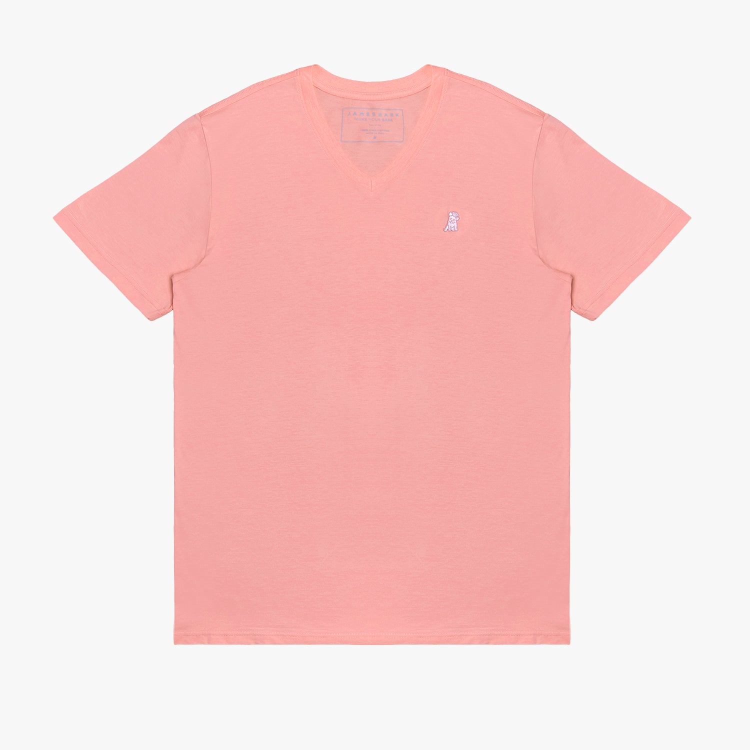 Flat lay of the coral V-neck t-shirt, showing the front with the embroidered logo and V-neck design.