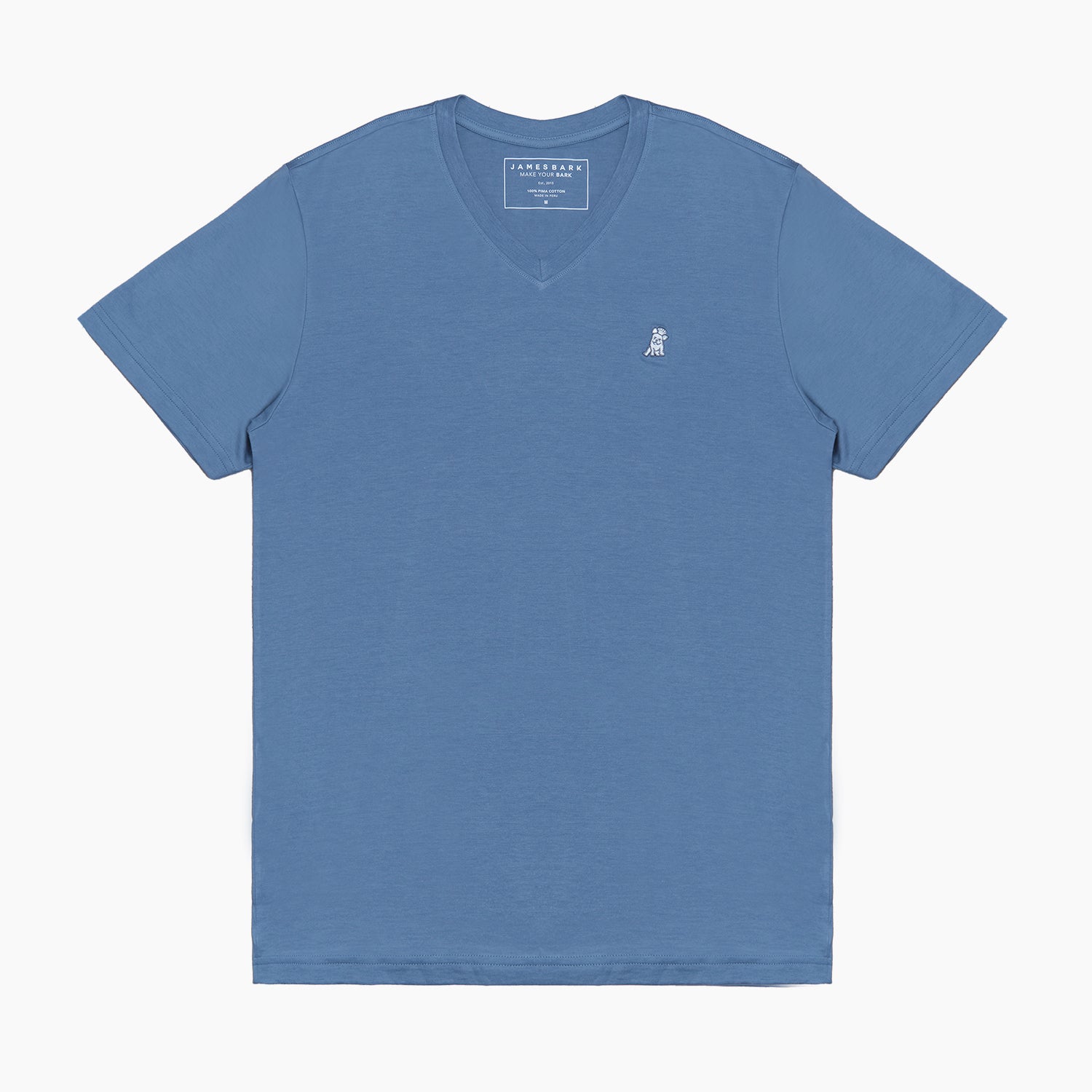 Flat lay of the blue V-neck t-shirt, showing the front with the embroidered logo and V-neck design.