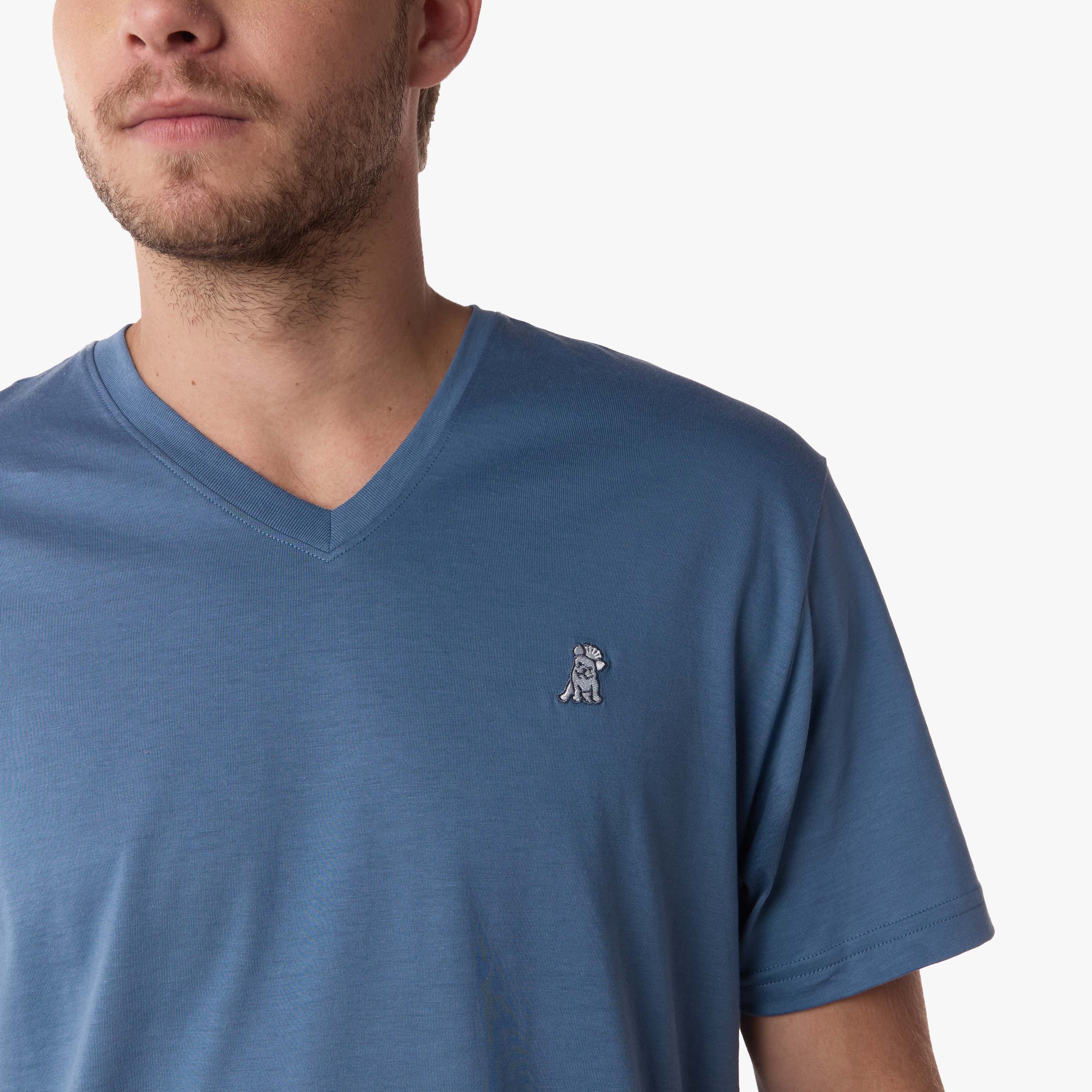 Close-up of the front of the V-neck t-shirt, highlighting the neckline and logo on the chest.