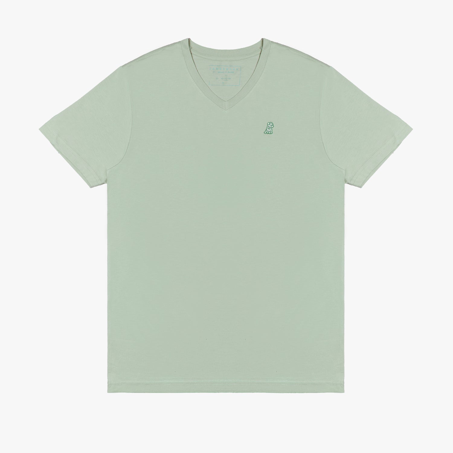 Flat lay of the mint green V-neck t-shirt, showing the front with the embroidered logo and V-neck design.