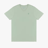 Flat lay of the mint green V-neck t-shirt, showing the front with the embroidered logo and V-neck design.