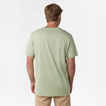 Rear view of the man wearing the mint green V-neck t-shirt, showing the plain back design, paired with beige shorts.