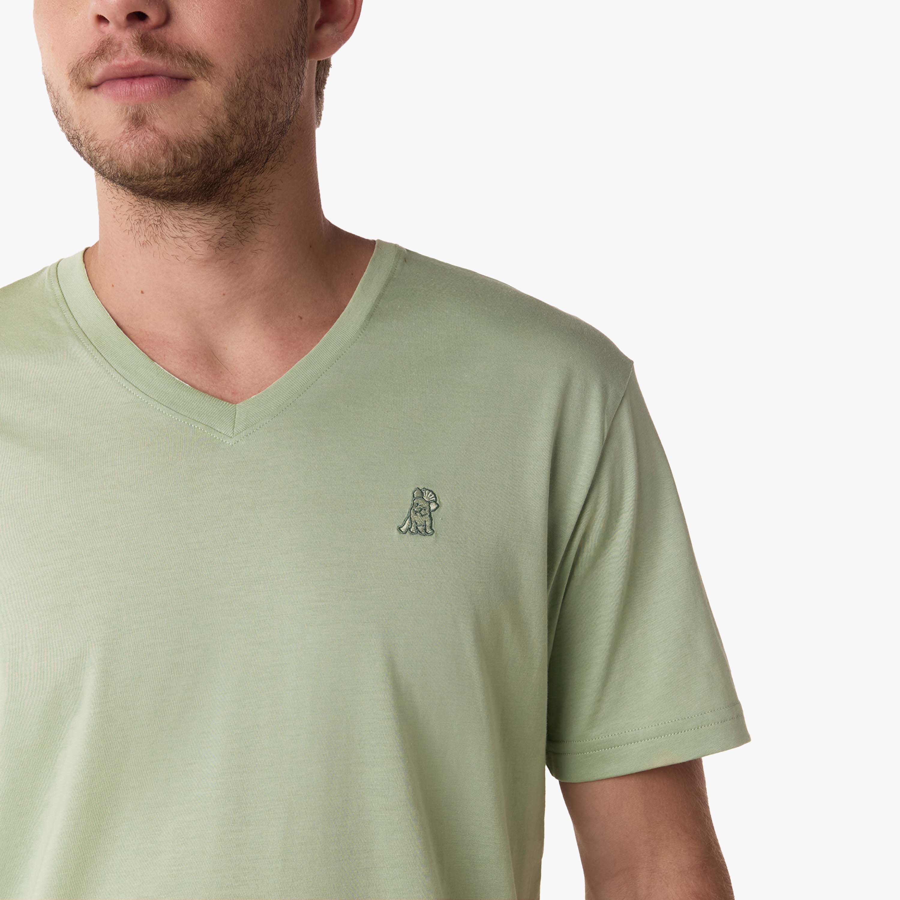 Close-up of the front of the V-neck t-shirt, highlighting the neckline and logo on the chest.