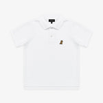 Flat lay of the white polo shirt, showing the front with the small embroidered logo on the chest and buttoned collar.