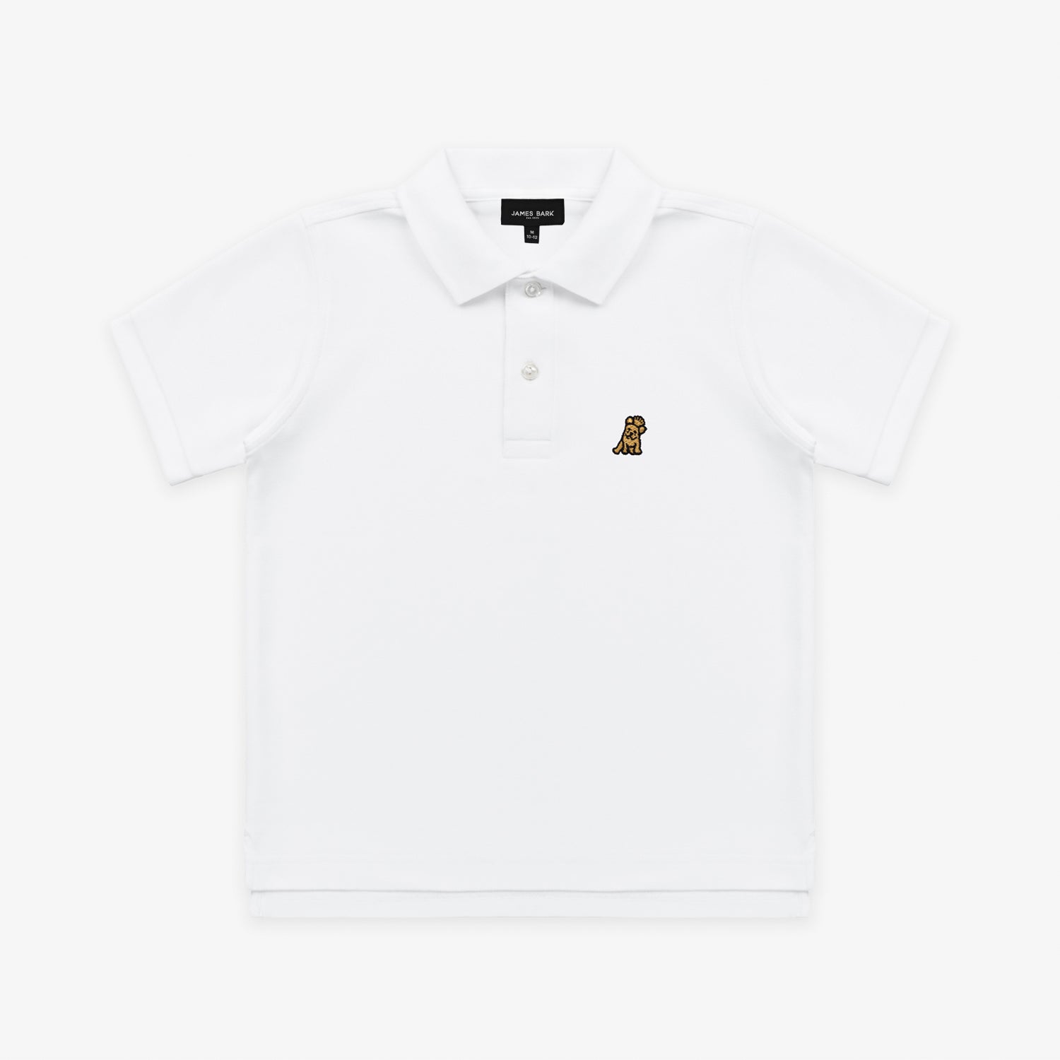 Flat lay of the white polo shirt, showing the front with the small embroidered logo on the chest and buttoned collar.