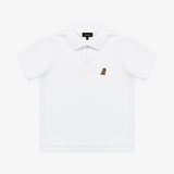 Flat lay of the white polo shirt, showing the front with the small embroidered logo on the chest and buttoned collar.