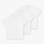 Three white t-shirts neatly arranged in a stack, showcasing the clean and minimalist design of the t-shirts with a subtle logo detail.