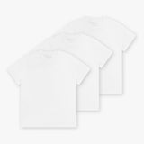 Three white t-shirts neatly arranged in a stack, showcasing the clean and minimalist design of the t-shirts with a subtle logo detail.