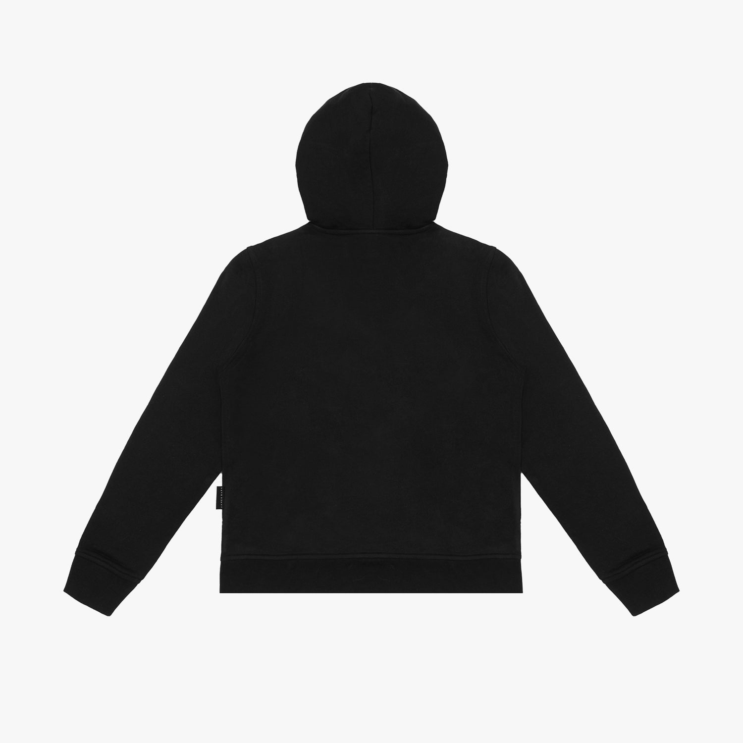 Flat-lay back view of the black hoodie, highlighting the clean design with a hood